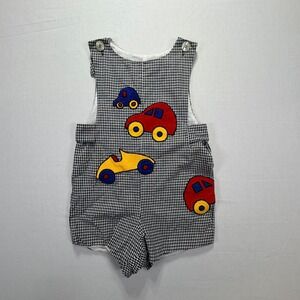 Vintage Chocolate Soup‎ Kids Gingham Car Applique Shortall Size 4 Handmade USA